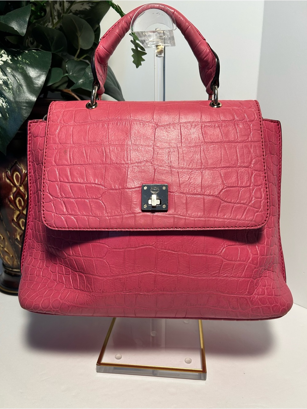 MCM Croc-Embossed Top-Handle Crossbody in Hot Pink with cards